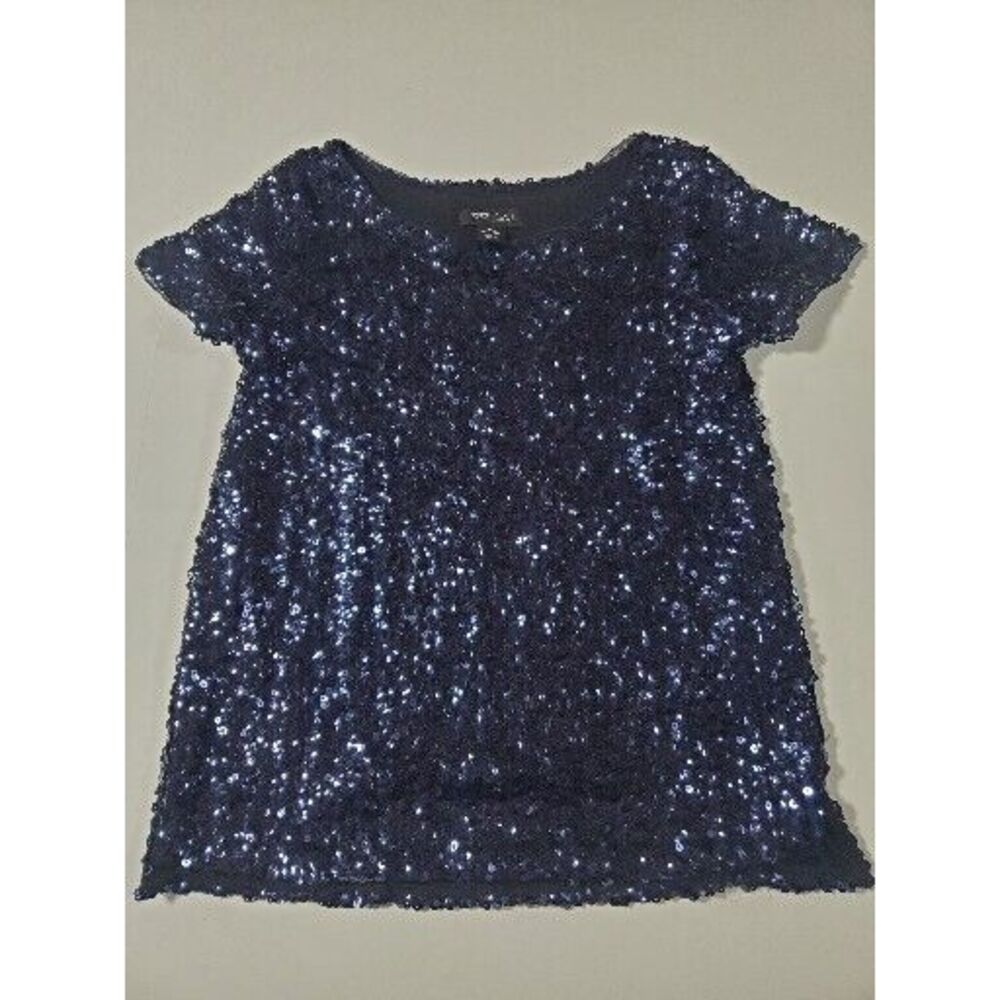 White House Black Market Blue Sequin Top Short Sleeve Knit‎ Boxy Shirt XXS
